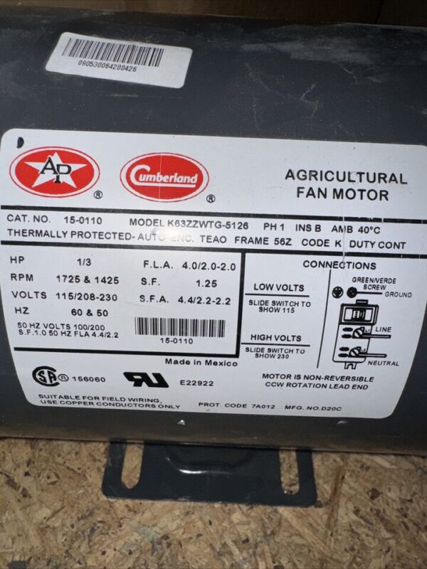 AP CUMBERLAND 15-0110 AGRICULTURAL FAN MOTOR Model K63ZZWTG-5126 1PH 1/3HP - Image 2