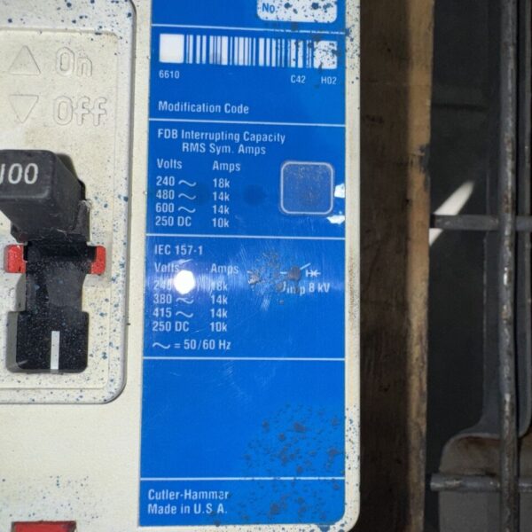 CUTLER-HAMMER/ WESTINGHOUSE FDB3100L FDB 14K Industrial Circuit Breaker  100Amp - Image 2